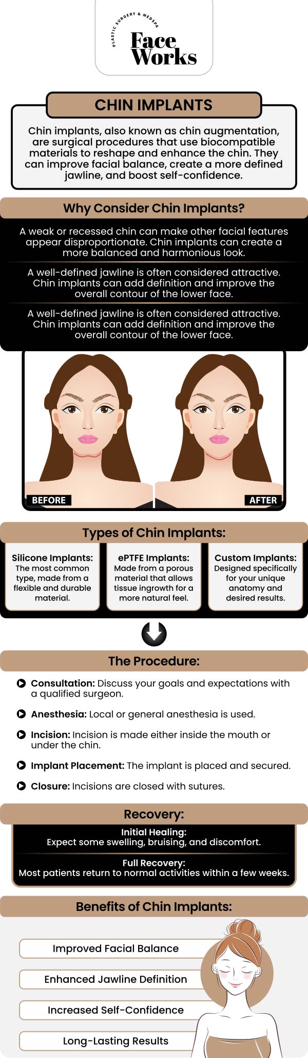 Chin implants are an effective solution for individuals seeking to enhance facial balance and achieve a more defined profile. At Face Works Plastic Surgery, our team of providers, specializes in performing chin implant procedures with precision and care. Dr. Paul works closely with each patient to select the ideal implant size and shape, ensuring a natural, harmonious result that complements their unique facial features. For more information, contact us or request an appointment online. We are conveniently located at 501 W Golf Rd A, Schaumburg, IL 60195. Chin implants are an effective solution for individuals seeking to enhance facial balance and achieve a more defined profile. At Face Works Plastic Surgery, our team of providers, specializes in performing chin implant procedures with precision and care. Dr. Paul works closely with each patient to select the ideal implant size and shape, ensuring a natural, harmonious result that complements their unique facial features. For more information, contact us or request an appointment online. We are conveniently located at 501 W Golf Rd A, Schaumburg, IL 60195.