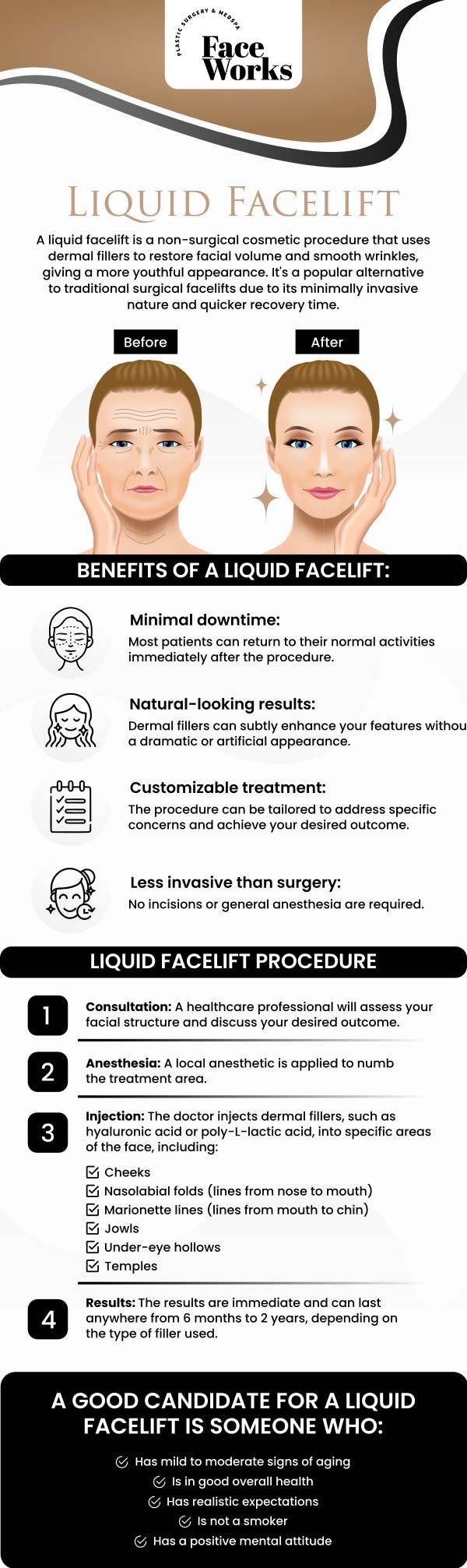 A Liquid Facelift or PRP Facelift is a non-invasive procedure that utilizes injectable treatments and platelet-rich plasma (PRP) to restore youthful volume, smooth out wrinkles, and rejuvenate the skin. These advanced treatments are perfect for those looking to achieve natural-looking facial enhancements without the need for surgery. Our team at Face Works Plastic Surgery, serving Chicago and Schaumburg, IL, specializes in customizing these facelifts to meet the unique needs of each patient. For more information, contact us or request an appointment online. We are conveniently located at 501 W Golf Rd A, Schaumburg, IL 60195.