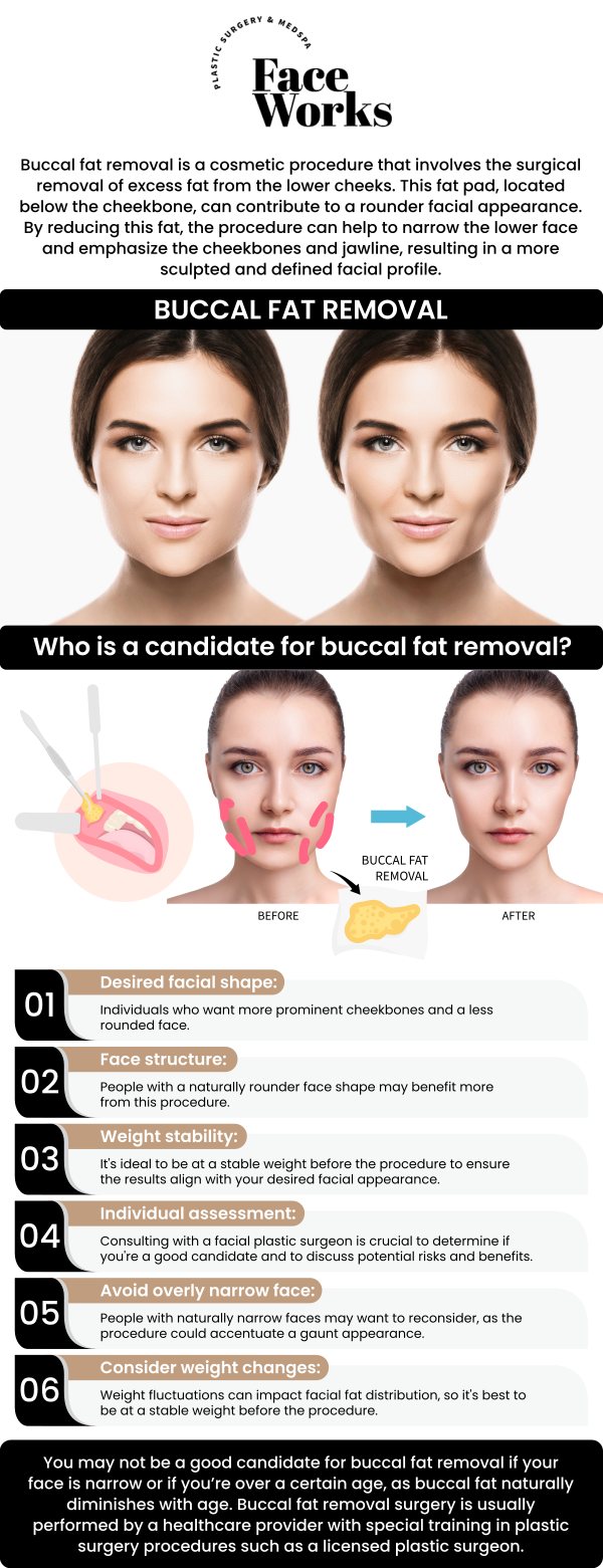 Buccal fat removal is a transformative procedure that enhances facial contour by reducing excess fat in the cheeks, creating a more sculpted and defined look. At Face Works Plastic Surgery, our team of providers, specializes in this minimally invasive procedure, helping patients achieve a more contoured, youthful appearance. With a focus on precision and natural results, we tailor each treatment to fit the patient's unique facial structure. For more information, contact us or request an appointment online. We are conveniently located at 501 W Golf Rd A, Schaumburg, IL 60195. Buccal fat removal is a transformative procedure that enhances facial contour by reducing excess fat in the cheeks, creating a more sculpted and defined look. At Face Works Plastic Surgery, our team of providers, specializes in this minimally invasive procedure, helping patients achieve a more contoured, youthful appearance. With a focus on precision and natural results, we tailor each treatment to fit the patient's unique facial structure. For more information, contact us or request an appointment online. We are conveniently located at 501 W Golf Rd A, Schaumburg, IL 60195.