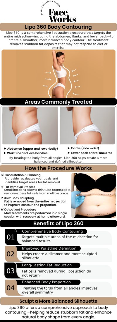 Lipo 360 Treatment at Face Works Plastic Surgery is a comprehensive body contouring procedure that targets the abdomen, flanks, and back for a smoother, more defined shape. This advanced approach removes stubborn fat from all angles, enhancing your natural curves. With personalized care, our team helps you achieve balanced, long-lasting results. For more information, contact us or request an appointment online. We are conveniently located at 501 W Golf Rd A, Schaumburg, IL 60195. Lipo 360 Treatment at Face Works Plastic Surgery is a comprehensive body contouring procedure that targets the abdomen, flanks, and back for a smoother, more defined shape. This advanced approach removes stubborn fat from all angles, enhancing your natural curves. With personalized care, our team helps you achieve balanced, long-lasting results. For more information, contact us or request an appointment online. We are conveniently located at 501 W Golf Rd A, Schaumburg, IL 60195.