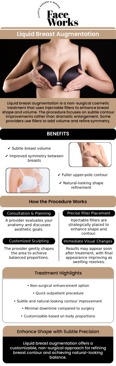 Liquid breast augmentation is a non-surgical alternative to traditional implants, using dermal fillers to enhance breast shape and volume. This innovative treatment is ideal for those seeking a subtle boost in breast size or improved symmetry without the need for surgery or lengthy recovery times. Our team at Face Works Plastic Surgery in Schaumburg, IL, specializes in personalized liquid breast augmentation treatments, providing safe and natural-looking results tailored to your body’s unique proportions. For more information, contact us or request an appointment online. We are conveniently located at 501 W Golf Rd A, Schaumburg, IL 60195.