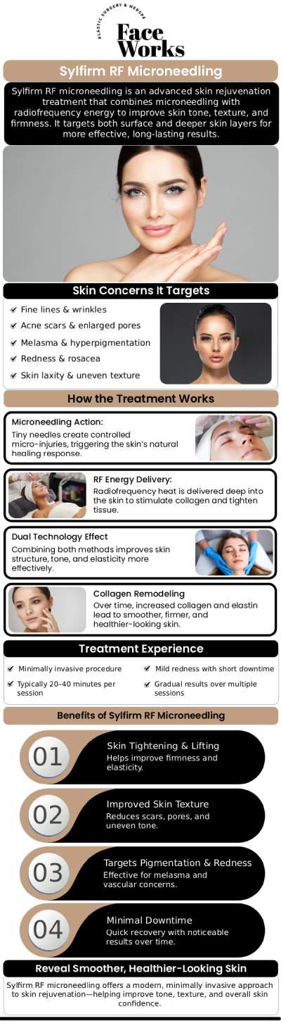 Our team at Face Works Plastic Surgery offers advanced Sylfirm RF microneedling treatments, combining radiofrequency and microneedling to rejuvenate and tighten the skin. This innovative procedure helps reduce fine lines, wrinkles, and skin imperfections, giving patients a smoother, more youthful complexion with minimal downtime and long-lasting results. For more information, contact us or book an appointment online. We are conveniently located at 501 W Golf Rd A, Schaumburg, IL 60195. Our team at Face Works Plastic Surgery offers advanced Sylfirm RF microneedling treatments, combining radiofrequency and microneedling to rejuvenate and tighten the skin. This innovative procedure helps reduce fine lines, wrinkles, and skin imperfections, giving patients a smoother, more youthful complexion with minimal downtime and long-lasting results. For more information, contact us or book an appointment online. We are conveniently located at 501 W Golf Rd A, Schaumburg, IL 60195.