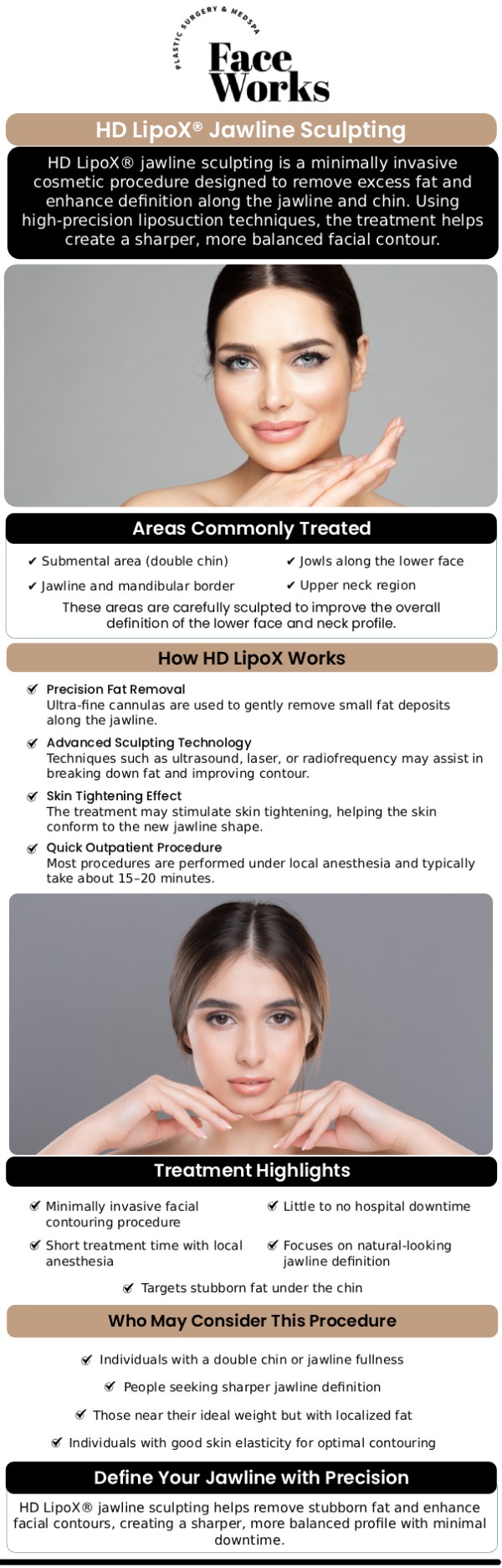 Our team at Face Works Plastic Surgery offers HD LIPOX™ of the jawline, a cutting-edge procedure designed to sculpt and define the jawline by removing excess fat. This non-invasive treatment enhances facial contours, creating a sharper, more youthful appearance with minimal downtime. For more information, contact us or book an appointment online. We are conveniently located at 501 W Golf Rd A, Schaumburg, IL 60195. Our team at Face Works Plastic Surgery offers HD LIPOX™ of the jawline, a cutting-edge procedure designed to sculpt and define the jawline by removing excess fat. This non-invasive treatment enhances facial contours, creating a sharper, more youthful appearance with minimal downtime. For more information, contact us or book an appointment online. We are conveniently located at 501 W Golf Rd A, Schaumburg, IL 60195.