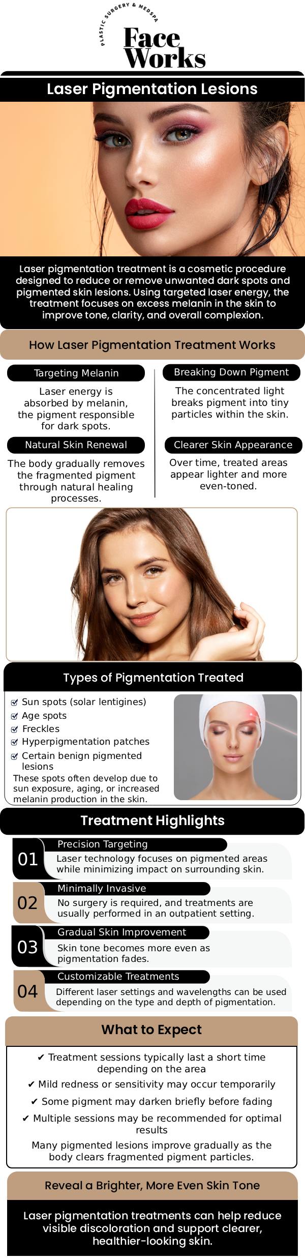 Common questions asked by clients: What are pigmented lesions and what causes them? How does a laser treat dark spots or sun damage? Does the treatment hurt? How many sessions will I need to see results? For more information, contact us or request an appointment online. We serve patients from Schaumburg IL, Hoffman Estates IL, Rolling Meadows IL, Hanover Park IL, Streamwood IL, Elk Grove Village IL, and surrounding areas.