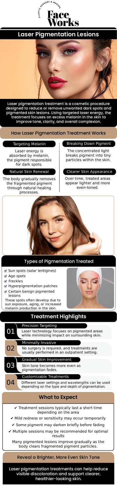 Common questions asked by clients: What are pigmented lesions and what causes them? How does a laser treat dark spots or sun damage? Does the treatment hurt? How many sessions will I need to see results? For more information, contact us or request an appointment online. We serve patients from Schaumburg IL, Hoffman Estates IL, Rolling Meadows IL, Hanover Park IL, Streamwood IL, Elk Grove Village IL, and surrounding areas.
