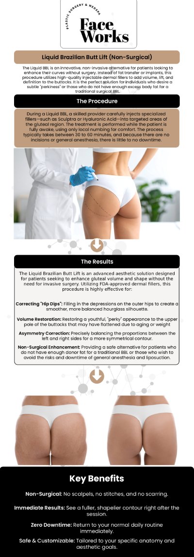 Our providers at Face Works Plastic Surgery offers the Liquid Brazilian Butt Lift, a non-surgical procedure that uses dermal fillers to enhance the shape and volume of the buttocks. This innovative treatment provides a natural, lifted look with minimal downtime, offering a safe and effective alternative to traditional surgical options. For more information, contact us or book an appointment online. We are conveniently located at 501 W Golf Rd A, Schaumburg, IL 60195. Our providers at Face Works Plastic Surgery offers the Liquid Brazilian Butt Lift, a non-surgical procedure that uses dermal fillers to enhance the shape and volume of the buttocks. This innovative treatment provides a natural, lifted look with minimal downtime, offering a safe and effective alternative to traditional surgical options. For more information, contact us or book an appointment online. We are conveniently located at 501 W Golf Rd A, Schaumburg, IL 60195.