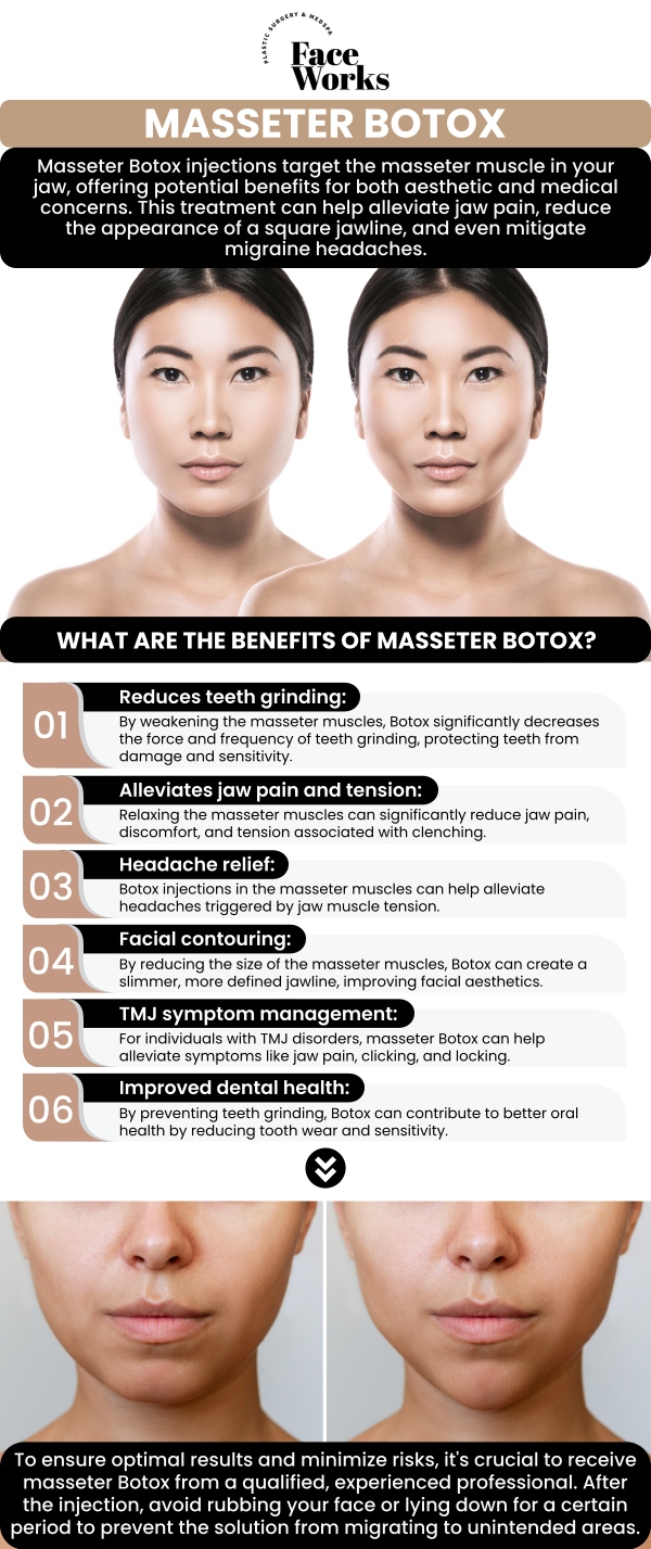 If you’re interested in redefining your jawline or achieving a more tapered, “V‑line” facial contour, Masseter Botox is a popular and effective non‑surgical option. At FaceWorks Plastic Surgery, our expert aesthetic team specializes in customizing masseter injections to deliver natural‑looking results tailored to your unique anatomy. Below are the most frequently asked questions about this treatment - answered with clarity, detail, and the patient’s experience in mind. For more information, contact us or request an appointment online. We are conveniently located at 501 W Golf Rd A, Schaumburg, IL 60195. If you’re interested in redefining your jawline or achieving a more tapered, “V‑line” facial contour, Masseter Botox is a popular and effective non‑surgical option. At FaceWorks Plastic Surgery, our expert aesthetic team specializes in customizing masseter injections to deliver natural‑looking results tailored to your unique anatomy. Below are the most frequently asked questions about this treatment - answered with clarity, detail, and the patient’s experience in mind. For more information, contact us or request an appointment online. We are conveniently located at 501 W Golf Rd A, Schaumburg, IL 60195.