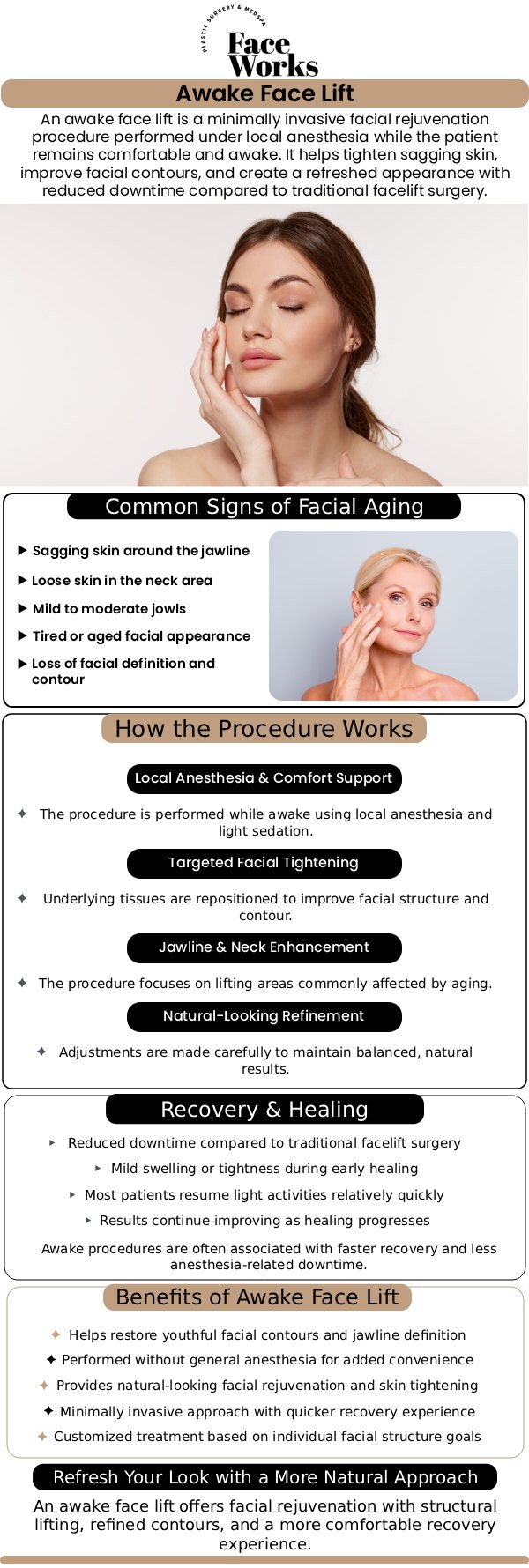 If you are searching for the best awake facelift specialists serving Chicago and Schaumburg, IL, finding a highly qualified clinic is essential for safe, beautiful results. To fully understand the incredible benefits of minimally invasive facial rejuvenation, it is important to see how our team at Face Works Plastic Surgery customizes our exclusive AwakeTight™ treatments for each patient. By choosing advanced, natural-looking contouring performed comfortably under local anesthesia, you can easily restore your youthful appearance with significantly less downtime than traditional surgery. For more information, contact us or request an appointment online. We are conveniently located at 501 W Golf Rd A, Schaumburg, IL 60195. If you are searching for the best awake facelift specialists serving Chicago and Schaumburg, IL, finding a highly qualified clinic is essential for safe, beautiful results. To fully understand the incredible benefits of minimally invasive facial rejuvenation, it is important to see how our team at Face Works Plastic Surgery customizes our exclusive AwakeTight™ treatments for each patient. By choosing advanced, natural-looking contouring performed comfortably under local anesthesia, you can easily restore your youthful appearance with significantly less downtime than traditional surgery. For more information, contact us or request an appointment online. We are conveniently located at 501 W Golf Rd A, Schaumburg, IL 60195.