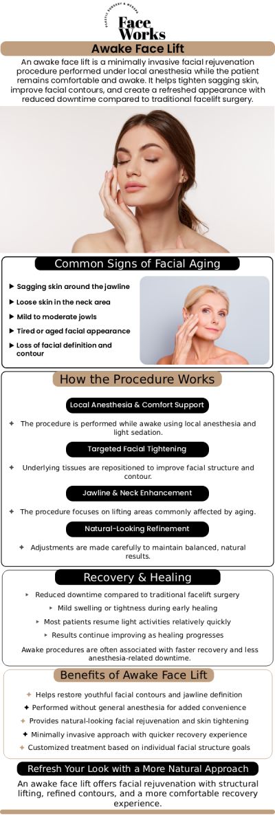 If you are searching for the best awake facelift specialists serving Chicago and Schaumburg, IL, finding a highly qualified clinic is essential for safe, beautiful results. To fully understand the incredible benefits of minimally invasive facial rejuvenation, it is important to see how our team at Face Works Plastic Surgery customizes our exclusive AwakeTight™ treatments for each patient. By choosing advanced, natural-looking contouring performed comfortably under local anesthesia, you can easily restore your youthful appearance with significantly less downtime than traditional surgery. For more information, contact us or request an appointment online. We are conveniently located at 501 W Golf Rd A, Schaumburg, IL 60195. If you are searching for the best awake facelift specialists serving Chicago and Schaumburg, IL, finding a highly qualified clinic is essential for safe, beautiful results. To fully understand the incredible benefits of minimally invasive facial rejuvenation, it is important to see how our team at Face Works Plastic Surgery customizes our exclusive AwakeTight™ treatments for each patient. By choosing advanced, natural-looking contouring performed comfortably under local anesthesia, you can easily restore your youthful appearance with significantly less downtime than traditional surgery. For more information, contact us or request an appointment online. We are conveniently located at 501 W Golf Rd A, Schaumburg, IL 60195.
