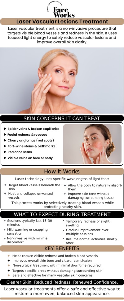 Common questions asked by clients: What are vascular lesions? How does a laser treat them? Does the laser treatment hurt? How many sessions will I need? For more information, contact us or request an appointment online. We serve patients from Schaumburg IL, Hoffman Estates IL, Rolling Meadows IL, Hanover Park IL, Streamwood IL, Elk Grove Village IL, and surrounding areas.