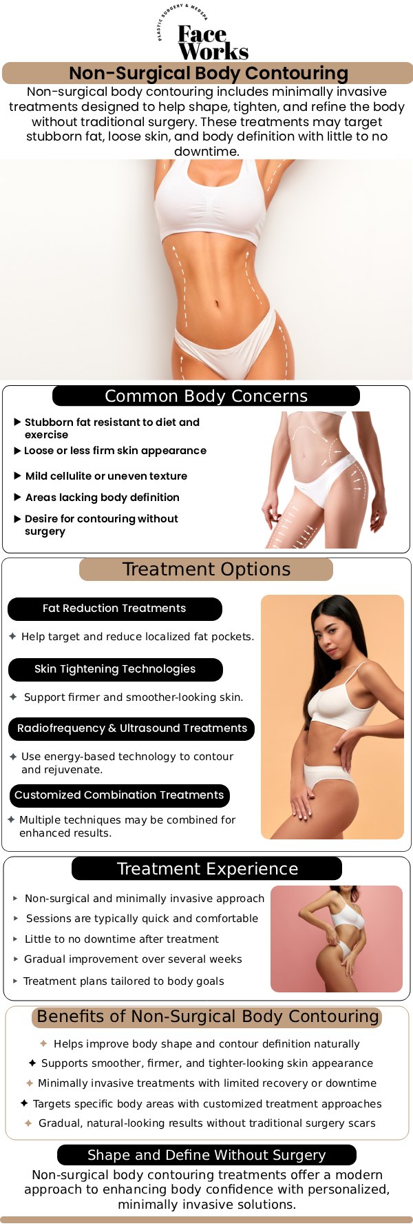 Sculpt your silhouette and firm your skin without a single incision. Our Non-Surgical Body Suite at My Face Works features the latest in aesthetic technology to target stubborn fat pockets, cellulite, and skin laxity. Whether you are looking to tone your abdomen, lift your buttocks, or tighten your arms, our non-invasive protocols offer a comfortable alternative to traditional surgery, allowing you to return to your daily routine immediately with visible, lasting results. For more information, contact us or request an appointment online. We serve patients from Schaumburg IL, Hoffman Estates IL, Rolling Meadows IL, Hanover Park IL, Streamwood IL, Elk Grove Village IL, and surrounding areas.