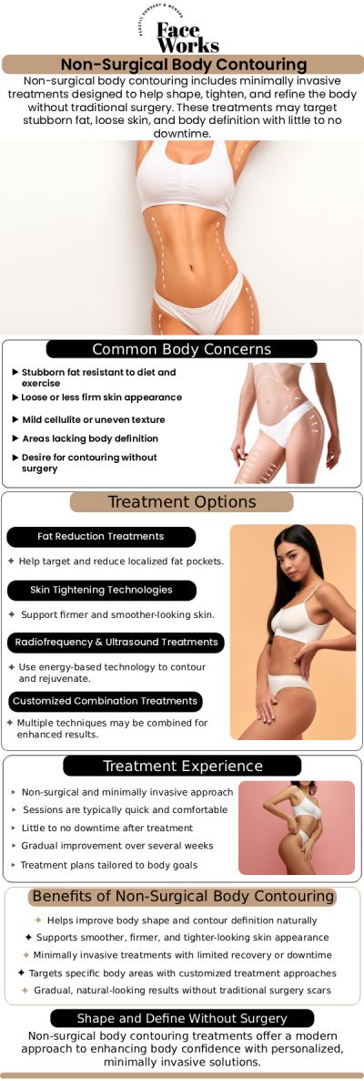 Sculpt your silhouette and firm your skin without a single incision. Our Non-Surgical Body Suite at My Face Works features the latest in aesthetic technology to target stubborn fat pockets, cellulite, and skin laxity. Whether you are looking to tone your abdomen, lift your buttocks, or tighten your arms, our non-invasive protocols offer a comfortable alternative to traditional surgery, allowing you to return to your daily routine immediately with visible, lasting results. For more information, contact us or request an appointment online. We serve patients from Schaumburg IL, Hoffman Estates IL, Rolling Meadows IL, Hanover Park IL, Streamwood IL, Elk Grove Village IL, and surrounding areas.