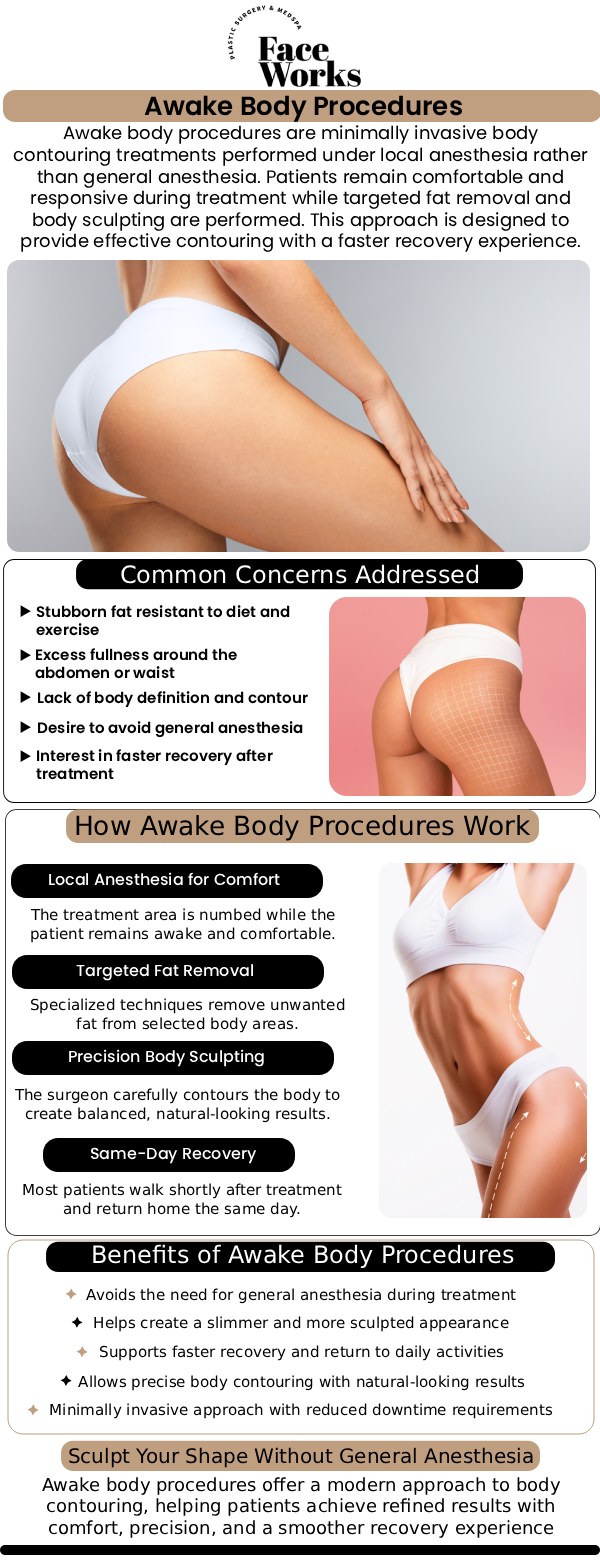 At FaceWorks Plastic Surgery, our team is dedicated to providing state-of-the-art cosmetic enhancements using minimally invasive techniques that prioritize your comfort and safety. We understand that traditional surgeries can be daunting, which is why we specialize in innovative awake surgical methods tailored to your specific aesthetic goals. Our Schaumburg clinic proudly serves the greater Chicago area, offering exceptional results with significantly reduced downtime. For more information, contact us or request an appointment online. We are conveniently located at 501 W Golf Rd A, Schaumburg, IL 60195. At FaceWorks Plastic Surgery, our team is dedicated to providing state-of-the-art cosmetic enhancements using minimally invasive techniques that prioritize your comfort and safety. We understand that traditional surgeries can be daunting, which is why we specialize in innovative awake surgical methods tailored to your specific aesthetic goals. Our Schaumburg clinic proudly serves the greater Chicago area, offering exceptional results with significantly reduced downtime. For more information, contact us or request an appointment online. We are conveniently located at 501 W Golf Rd A, Schaumburg, IL 60195.