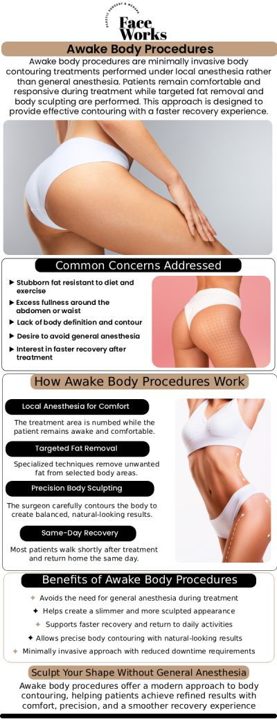 At FaceWorks Plastic Surgery, our team is dedicated to providing state-of-the-art cosmetic enhancements using minimally invasive techniques that prioritize your comfort and safety. We understand that traditional surgeries can be daunting, which is why we specialize in innovative awake surgical methods tailored to your specific aesthetic goals. Our Schaumburg clinic proudly serves the greater Chicago area, offering exceptional results with significantly reduced downtime. For more information, contact us or request an appointment online. We are conveniently located at 501 W Golf Rd A, Schaumburg, IL 60195. At FaceWorks Plastic Surgery, our team is dedicated to providing state-of-the-art cosmetic enhancements using minimally invasive techniques that prioritize your comfort and safety. We understand that traditional surgeries can be daunting, which is why we specialize in innovative awake surgical methods tailored to your specific aesthetic goals. Our Schaumburg clinic proudly serves the greater Chicago area, offering exceptional results with significantly reduced downtime. For more information, contact us or request an appointment online. We are conveniently located at 501 W Golf Rd A, Schaumburg, IL 60195.