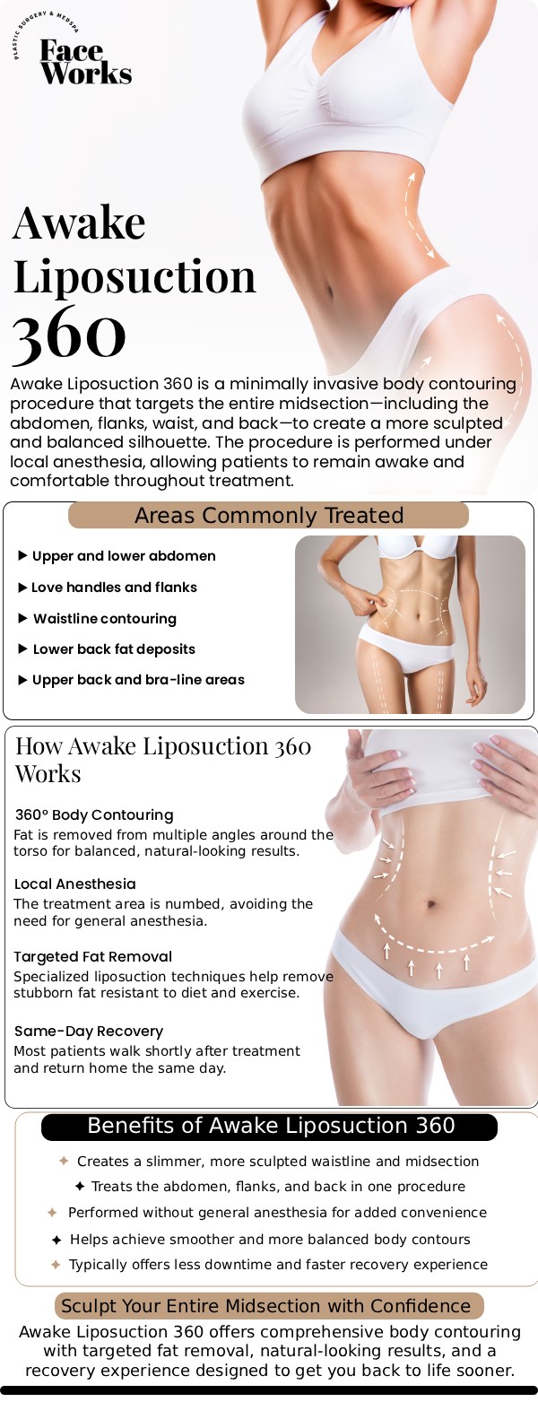 Transform your body with Awake Liposuction 360 at Face Works Plastic Surgery in Schaumburg, IL — a minimally invasive procedure performed without general anesthesia. Under the expert guidance of our team, this advanced technique targets multiple areas around the torso, including the abdomen, flanks, and back, for a more sculpted and balanced silhouette. For more information, contact us or request an appointment online. We are conveniently located at 501 W Golf Rd A, Schaumburg, IL 60195. Transform your body with Awake Liposuction 360 at Face Works Plastic Surgery in Schaumburg, IL — a minimally invasive procedure performed without general anesthesia. Under the expert guidance of our team, this advanced technique targets multiple areas around the torso, including the abdomen, flanks, and back, for a more sculpted and balanced silhouette. For more information, contact us or request an appointment online. We are conveniently located at 501 W Golf Rd A, Schaumburg, IL 60195.