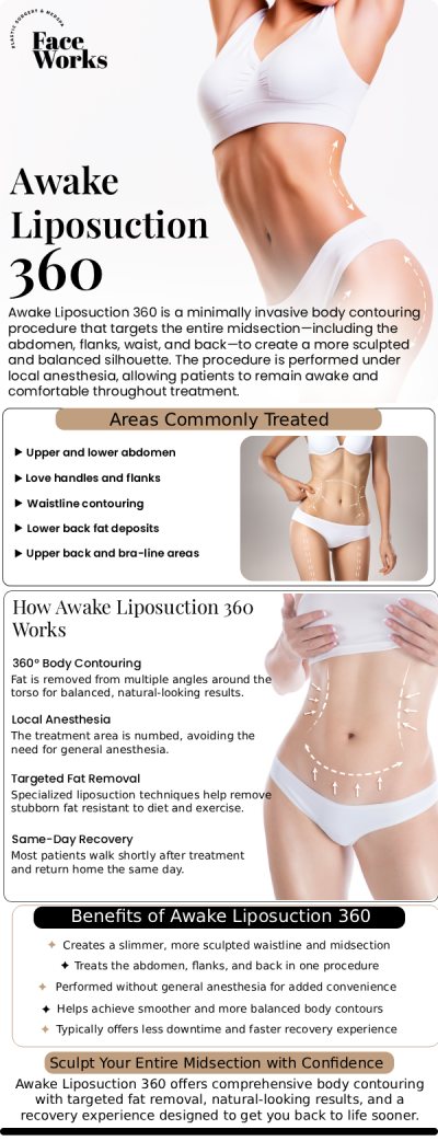 Transform your body with Awake Liposuction 360 at Face Works Plastic Surgery in Schaumburg, IL — a minimally invasive procedure performed without general anesthesia. Under the expert guidance of our team, this advanced technique targets multiple areas around the torso, including the abdomen, flanks, and back, for a more sculpted and balanced silhouette. For more information, contact us or request an appointment online. We are conveniently located at 501 W Golf Rd A, Schaumburg, IL 60195. Transform your body with Awake Liposuction 360 at Face Works Plastic Surgery in Schaumburg, IL — a minimally invasive procedure performed without general anesthesia. Under the expert guidance of our team, this advanced technique targets multiple areas around the torso, including the abdomen, flanks, and back, for a more sculpted and balanced silhouette. For more information, contact us or request an appointment online. We are conveniently located at 501 W Golf Rd A, Schaumburg, IL 60195.