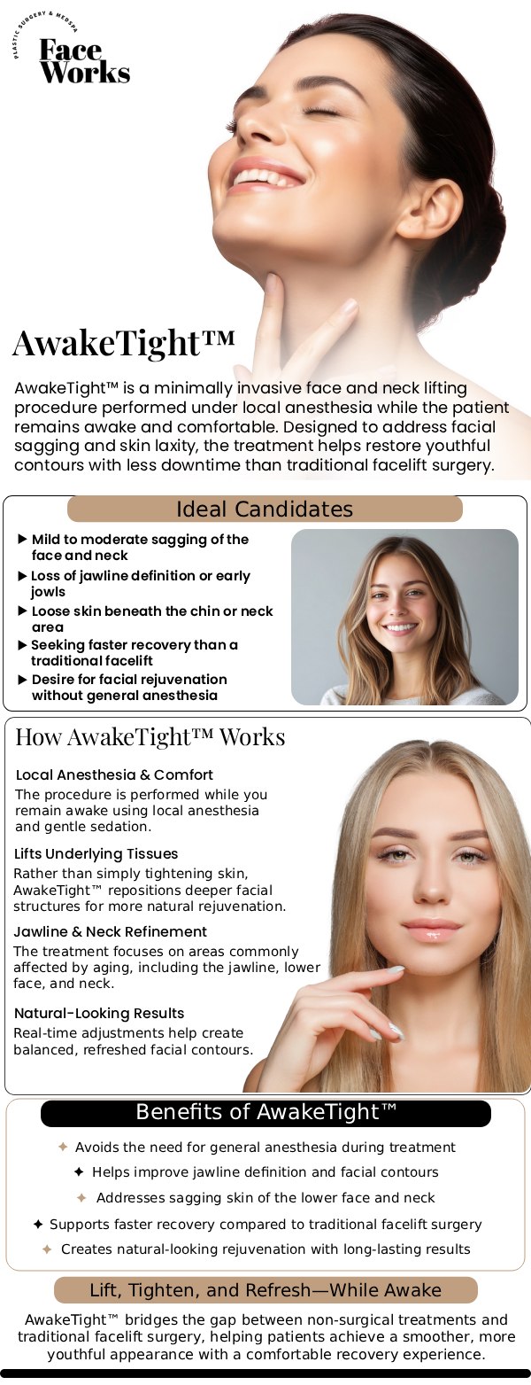 If you’re seeking refreshed, tighter facial contours without the extended downtime and risks of a traditional surgical facelift, AwakeTight™ offers an innovative alternative. Exclusively available from Face Works Plastic Surgery in Chicago and Schaumburg, IL, AwakeTight™ blends advanced surgical techniques with local anesthesia so patients can achieve rejuvenated results while awake, alert, and comfortable. For more information, contact us or request an appointment online. We are conveniently located at 501 W Golf Rd A, Schaumburg, IL 60195.