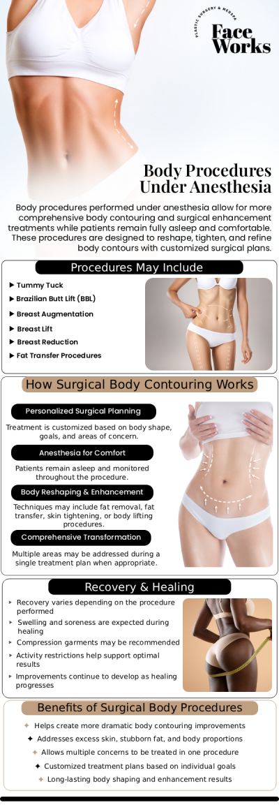 At FaceWorks Plastic Surgery, located in Schaumburg, IL, we specialize in high-definition aesthetic procedures designed to help you achieve your desired silhouette with precision and care. Serving the greater Chicago area, our expert team offers a comprehensive suite of advanced surgical and non-surgical treatments—including Awake Liposuction, body contouring, and facial rejuvenation—tailored to meet your individual goals. With a focus on safety, patient comfort, and transformative results, we utilize state-of-the-art technology to provide high-quality care in a welcoming, professional environment. For more information, contact us or request an appointment online. We serve patients from Schaumburg IL, Hoffman Estates IL, Rolling Meadows IL, Hanover Park IL, Streamwood IL, Elk Grove Village IL, and surrounding areas.