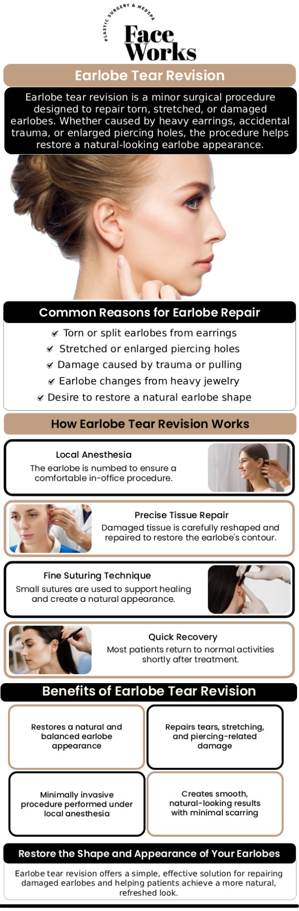 Common questions asked by patients: What is an earlobe tear revision, and what types of earlobe damage can it correct? How is the procedure performed? Who is an ideal candidate for earlobe tear revision? What are the realistic outcomes of the surgery? Will my earlobe look completely natural afterward? For more information, contact us or request an appointment online. We serve patients from Schaumburg IL, Hoffman Estates IL, Rolling Meadows IL, Hanover Park IL, Streamwood IL, Elk Grove Village IL, and surrounding areas.